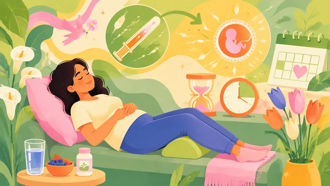 Illustration of a woman resting after home insemination, with sperm cells moving toward a glowing embryo and a clock marking the 15-30 minute rest window