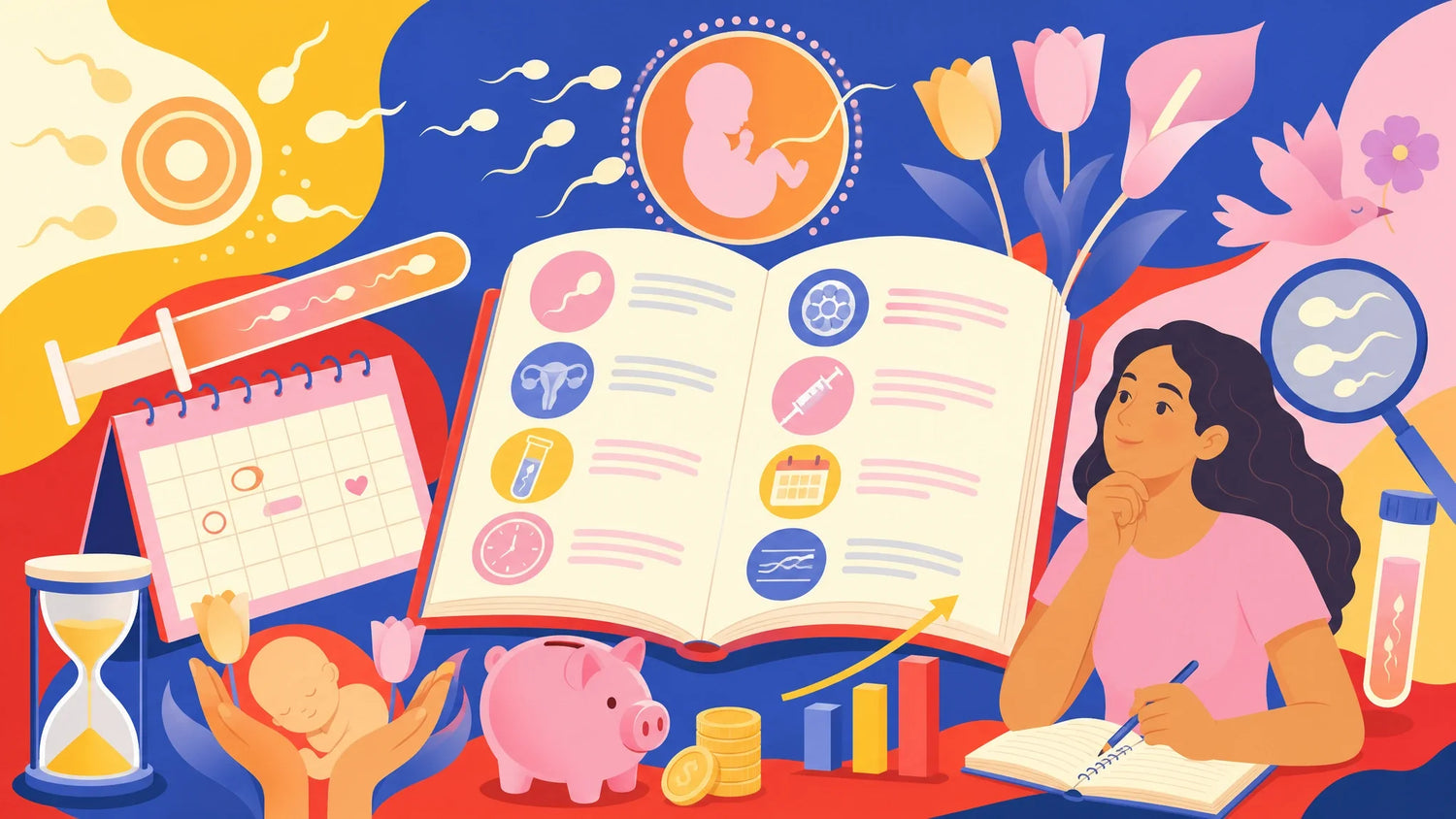 An open book illustrated with fertility term icons, index tabs, and a magnifying glass, representing an A-Z glossary of TTC terms