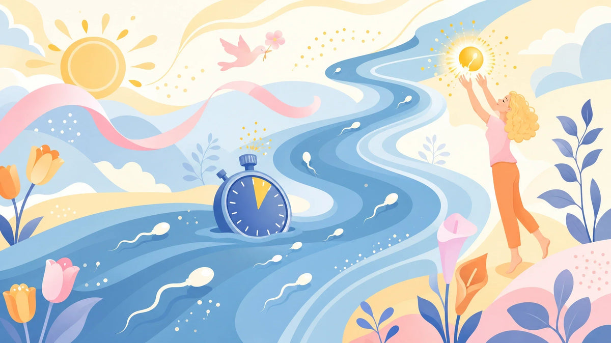 Flat illustration of a wide blue river of fertile days winding across the frame with sperm swimming along it toward a single bright burst of light that a woman reaches up to, with a stopwatch half-submerged nearby.