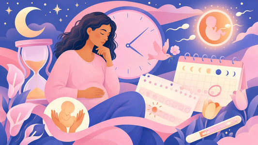Illustrated woman waiting during the two week wait, surrounded by a clock, hourglass, calendar and a glowing embryo motif, dusk pink and blue